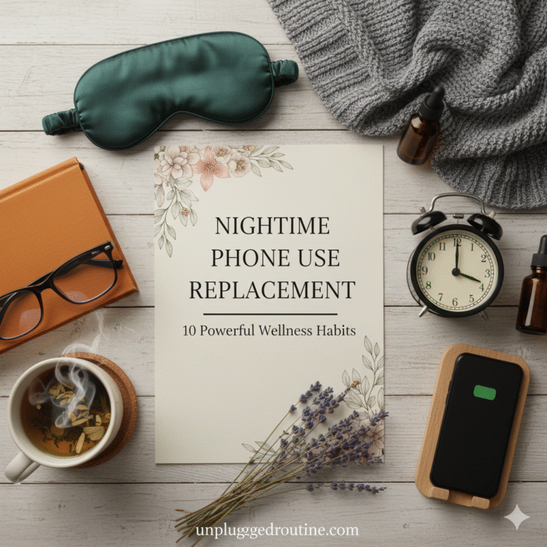 How to replace nighttime phone use for better sleep, featuring a person reaching to set an analog alarm clock while leaving a smartphone docked, next to a calming scene of a book and a steaming cup in a cozy, low-light bedroom.