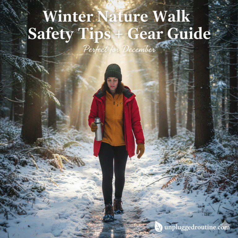A person dressed in professional winter hiking gear—including a thermal beanie, insulated jacket, and waterproof boots—walking confidently on a snow-covered mountain trail under a clear blue December sky, featuring the title "Winter Nature Walk Safety Tips + Gear Guide" and the unpluggedroutine.com logo.