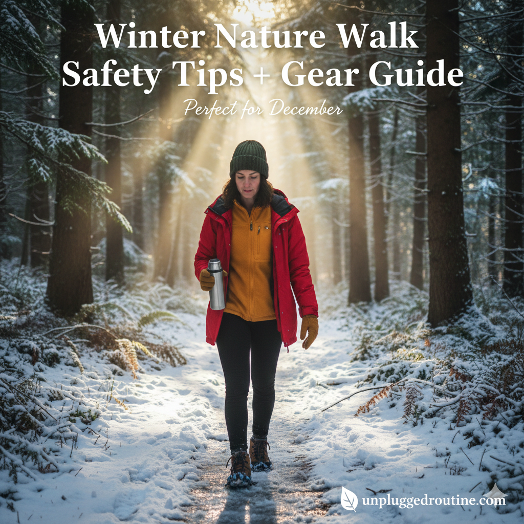 A person dressed in professional winter hiking gear—including a thermal beanie, insulated jacket, and waterproof boots—walking confidently on a snow-covered mountain trail under a clear blue December sky, featuring the title "Winter Nature Walk Safety Tips + Gear Guide" and the unpluggedroutine.com logo.