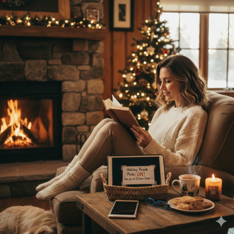 "A cozy, holiday-themed living room where a woman sits comfortably in an armchair by a crackling fireplace, reading a physical book. On the wooden side table next to her, a tablet is placed in a wicker basket with a hand-written sign that says 'Holiday Break Mode: ON! See ya on [Future Date]'. The scene includes a decorated Christmas tree, warm candles, and a plate of cookies, symbolizing a successful digital detox."