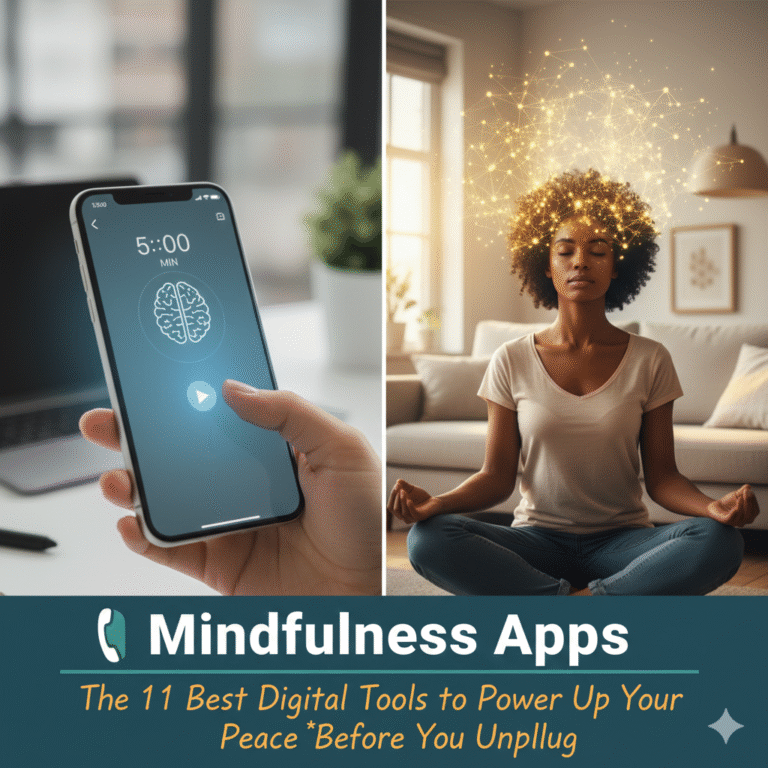 Feature image showing a person using a smartphone displaying a Mindfulness App interface, juxtaposed with elements of peace like a meditation pose or calming nature background, symbolizing using technology as a tool for mental preparation before you unplug.