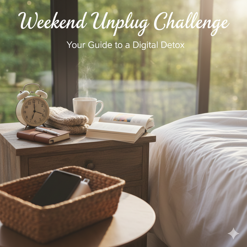 A serene and cozy morning scene featuring a physical book, a steaming ceramic mug of coffee, and a handwritten journal on a wooden bedside table. A bright window in the background shows soft morning sunlight, with no smartphones or digital devices in sight, illustrating the start of a Weekend Unplug Challenge.