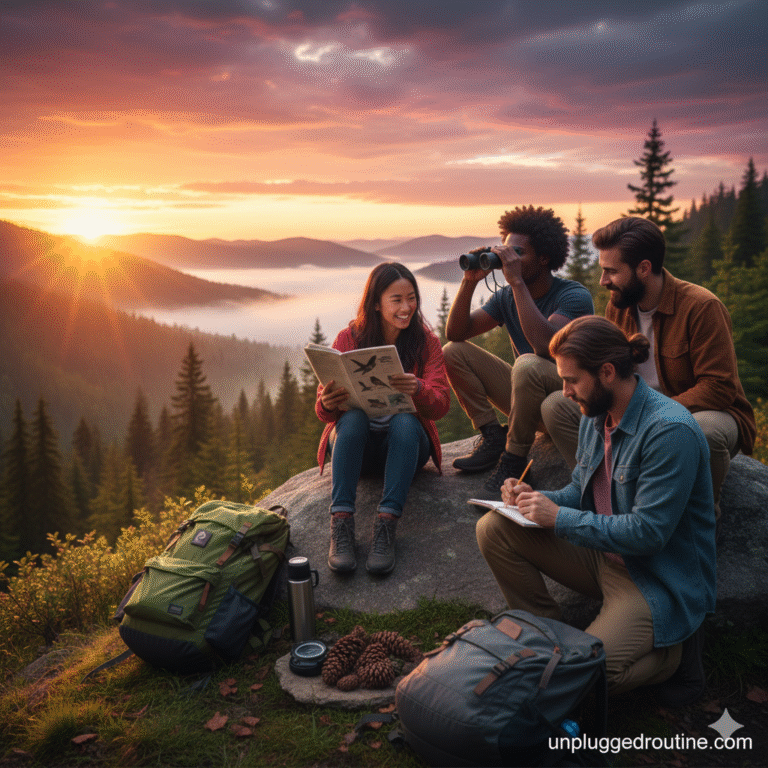A lush, forested hiking trail with dappled sunlight filtering through the trees, emphasizing the beauty and peace of nature. The image captures an ideal setting for Outdoor Weekend Unplugging Challenges.