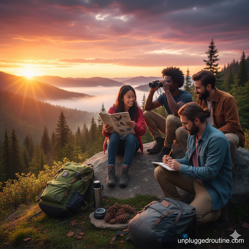 A lush, forested hiking trail with dappled sunlight filtering through the trees, emphasizing the beauty and peace of nature. The image captures an ideal setting for Outdoor Weekend Unplugging Challenges.