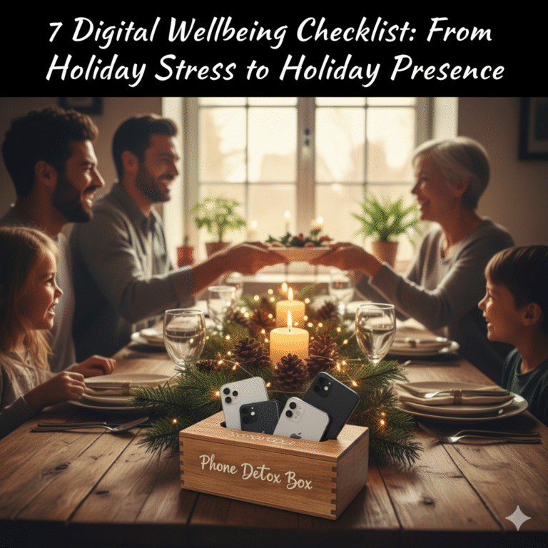 "A woman following a Digital Wellbeing Checklist by reading a book and relaxing by a fireplace. In the foreground, her tablet is tucked away in a basket with a 'Holiday Break Mode' sign, illustrating how to move from holiday stress to holiday presence."