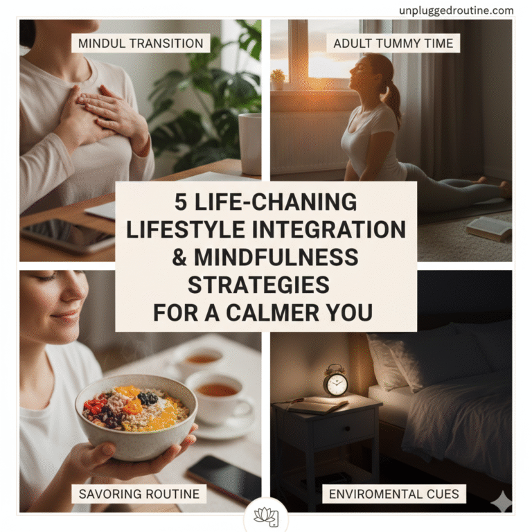 "A serene home office scene showcasing lifestyle integration & mindfulness, with a smartphone set to 'Do Not Disturb' next to a steaming cup of tea and a person practicing yoga in the soft natural light of the background."