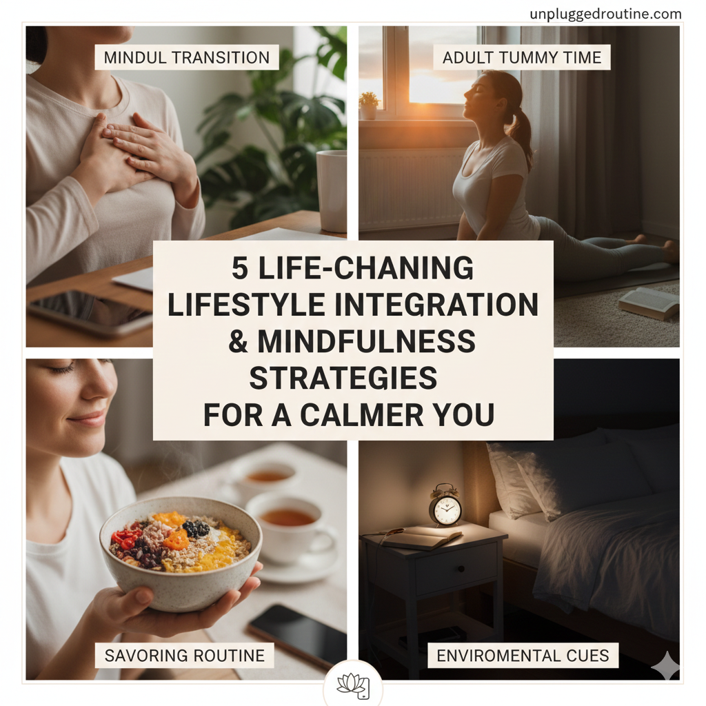 "A serene home office scene showcasing lifestyle integration & mindfulness, with a smartphone set to 'Do Not Disturb' next to a steaming cup of tea and a person practicing yoga in the soft natural light of the background."