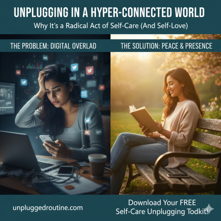 A woman sleeping peacefully in bed at dusk, hugging a book while a tablet rests unused on a nearby chair, symbolizing Unplugging in a Hyper-Connected World as a crucial act of self-care and self-love for rest and mental peace.
