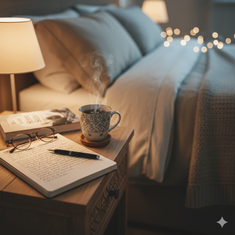 Journaling Before Sleep: A woman sits comfortably in a cozy, dimly lit bedroom reading a book, symbolizing a screen-free, calming evening routine essential for improving rest.