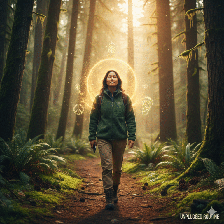 A woman practicing the ultimate mindful nature walk trend of 2025, walking silently through a peaceful, sunlit forest to experience a deep digital detox and mental reset.