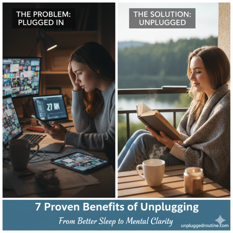 A peaceful woman sleeping soundly in a cozy bed, hugging a book to her chest. The room is dimly lit by a soft, warm orange glow from a bedside lamp (possibly a salt lamp). A tablet or laptop is visible on a chair nearby, suggesting the successful transition from screen time to rest. This image symbolizes the benefit of unplugging for better sleep quality.