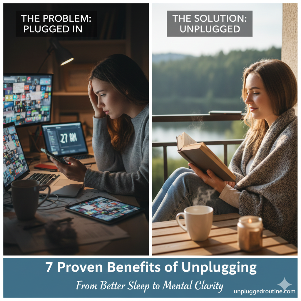 A peaceful woman sleeping soundly in a cozy bed, hugging a book to her chest. The room is dimly lit by a soft, warm orange glow from a bedside lamp (possibly a salt lamp). A tablet or laptop is visible on a chair nearby, suggesting the successful transition from screen time to rest. This image symbolizes the benefits of unplugging for better sleep quality.
