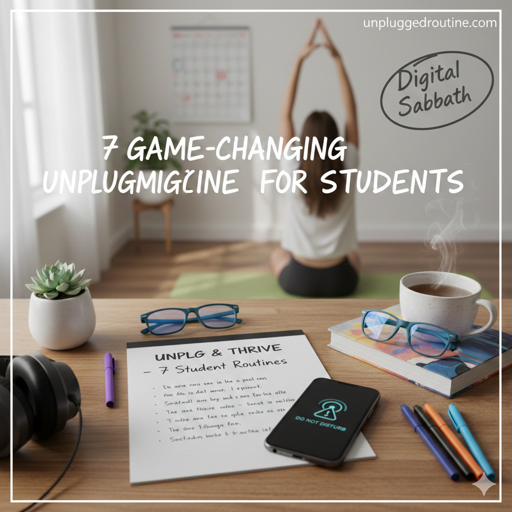 "A student's organized wooden desk featuring a notebook with '7 Student Routines' written on it, a smartphone in 'Do Not Disturb' mode, and a person practicing yoga in the background to represent unplugging routines for students."