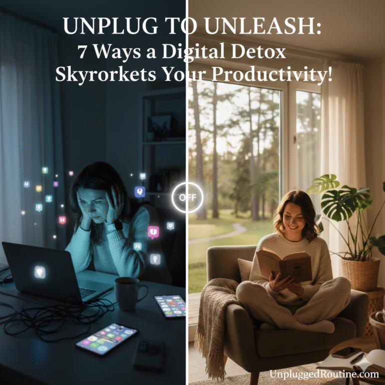 A serene woman sitting in a cozy armchair reading a physical book near a fireplace, illustrating how to Unplug to Unleash higher productivity and mental focus.