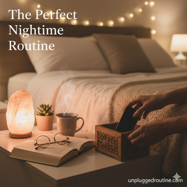 A cozy, serene bedroom nightstand featuring a glowing Himalayan salt lamp, an open notebook and pen for journaling, a cup of herbal tea, and a physical book. The image emphasizes The Perfect Nighttime Routine and demonstrates How to Wind Down Without Screens for deeper sleep.