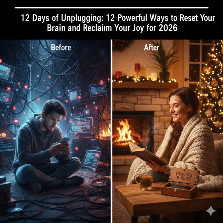 "An aesthetic 2025 holiday-themed calendar titled '12 Days of Unplugging' displayed on a wooden desk. Each day features a digital detox task like 'Digital Sunset' or 'Phone Jail.' Next to the calendar, a smartphone is tucked away inside a cozy wool sleeve, symbolizing a commitment to reclaiming focus and joy through a tech-free routine."