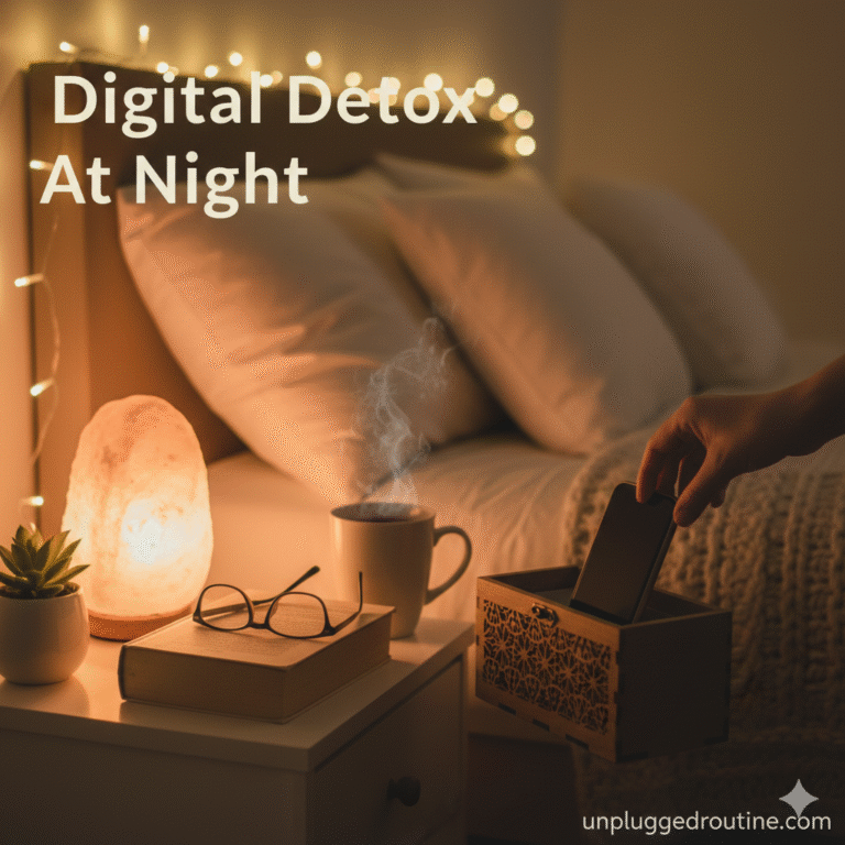 A bedroom scene at twilight or night, showing a person gently placing their illuminated smartphone face down on a small wooden nightstand next to an alarm clock and a pair of reading glasses. The image illustrates the core concept of a Digital Detox at Night and Reducing Screen Time to promote better sleep.