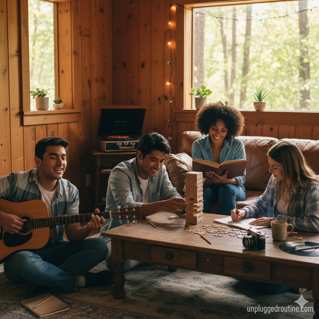 Group of diverse friends enjoying cozy, screen-free leisure in a rustic living room, engaging in analog activities like reading a book, playing a wooden block stacking game, journaling, and playing an acoustic guitar. The scene emphasizes authentic connection and is perfect for illustrating Creative Unplugging Challenges.