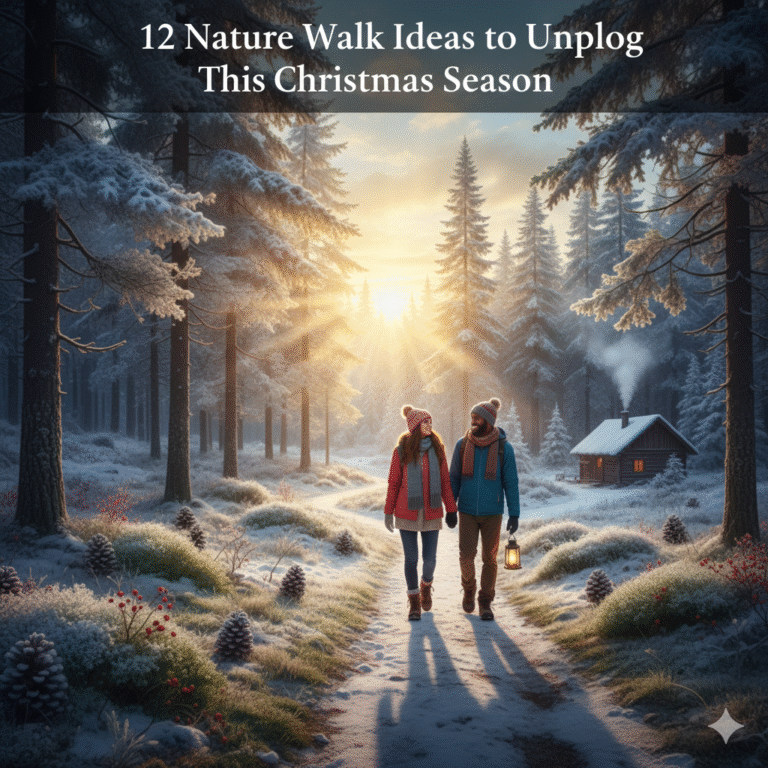 A peaceful first-person view of a winter nature walk through a snow-dusted pine forest. A person wearing cozy wool mittens holds a steaming mug, with no phone in sight, capturing the essence of an unplugged Christmas season. The 2025 guide theme is reflected in the crisp, high-definition winter scenery.