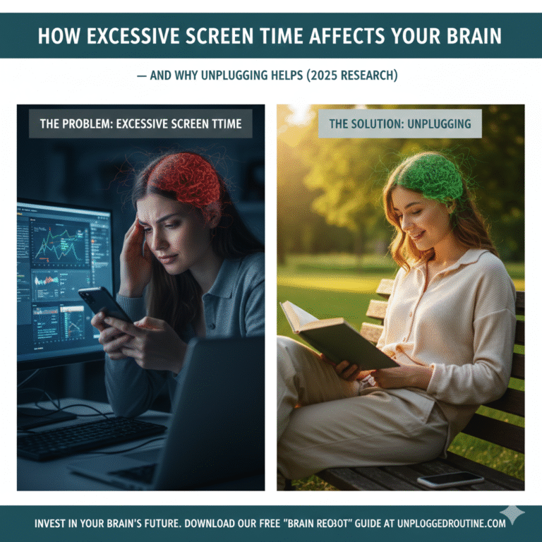 Woman peacefully sleeping in a bed, hugging a book, with a warm lamp glow and eyeglasses on the nightstand, symbolizing the relief and restorative power achieved by unplugging from excessive screen time.
