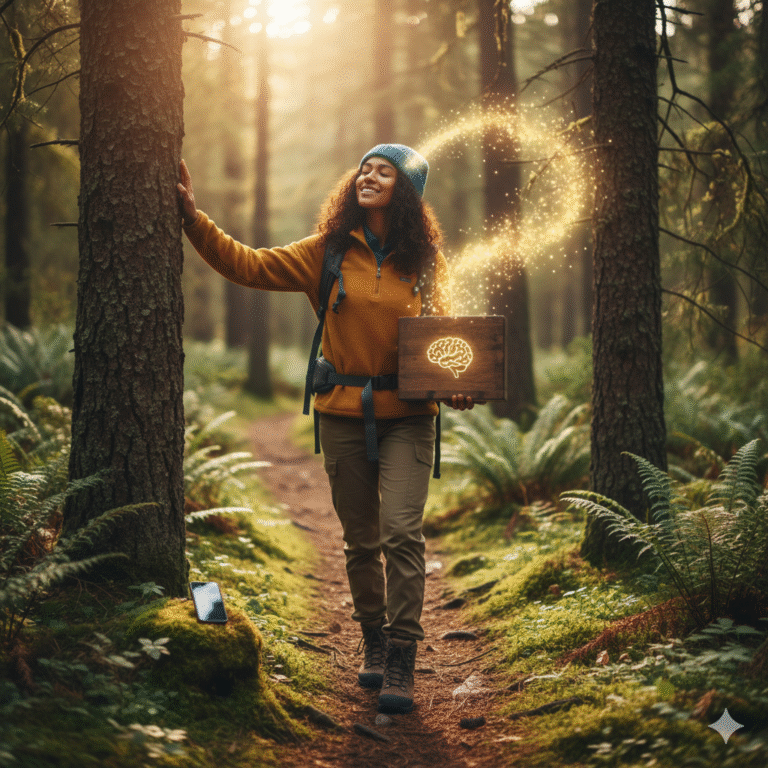 A group of people practicing the ultimate daily unplugging habit by taking a mindful nature walk through a scenic, sun-drenched landscape to boost mental clarity and reduce stress.