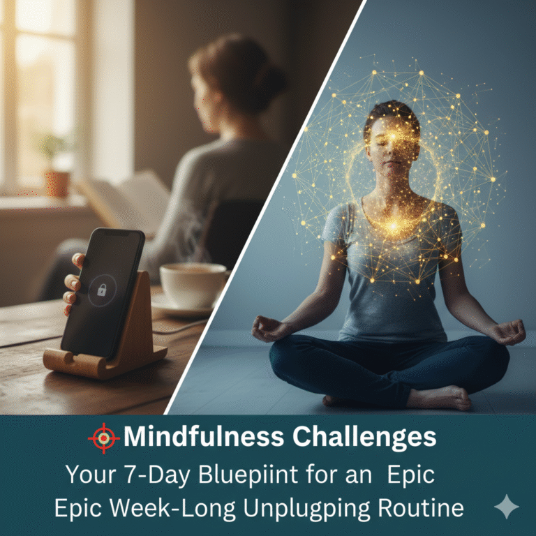 Feature image for the 7-day unplugging routine showing a calendar marked with different mindful activities like journaling, reading, nature walks, and meditation, representing the various Mindfulness Challenges of the week.