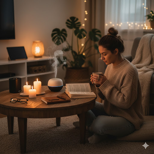 A cozy, dimly lit living room scene. A woman is sitting cross-legged on a rug beside a rustic wooden coffee table, drinking from a mug and reading a physical book. On the table, there are three lit candles, an essential oil diffuser releasing steam, a notebook, and a small speaker. The atmosphere is warm, calm, and peaceful, illustrating a successful mindful unplugging ritual at home.