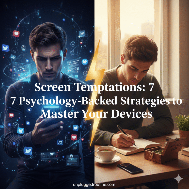 A striking conceptual image of a brain being pulled in two directions by a magnetic glowing smartphone on one side and a stack of peaceful paper books on the other, illustrating the battle against screen temptations and the use of psychology-backed strategies for digital control.