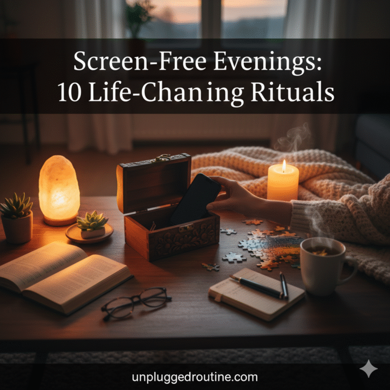 A serene evening scene showing a cozy living room with a person reading a physical book by candlelight, symbolizing a screen-free evening and a healthy unplugged routine.