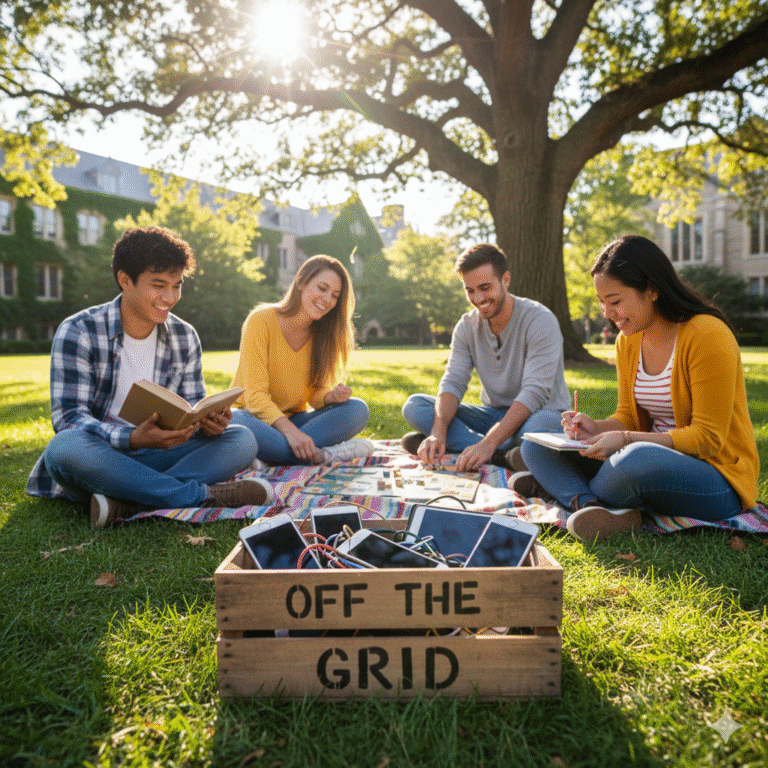 A group of happy college students sitting on a campus lawn engaging in a digital detox by keeping their phones and tablets in a wooden "Off The Grid" box while they talk and read together.