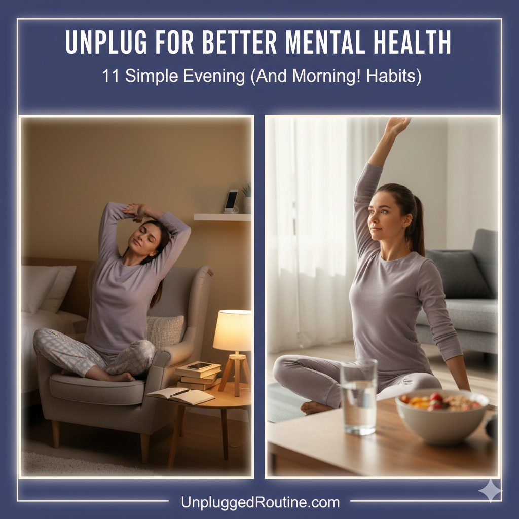 A woman practicing mindfulness to unplug for better mental health by lying on a blanket under a clear starry night sky, far away from digital screens.