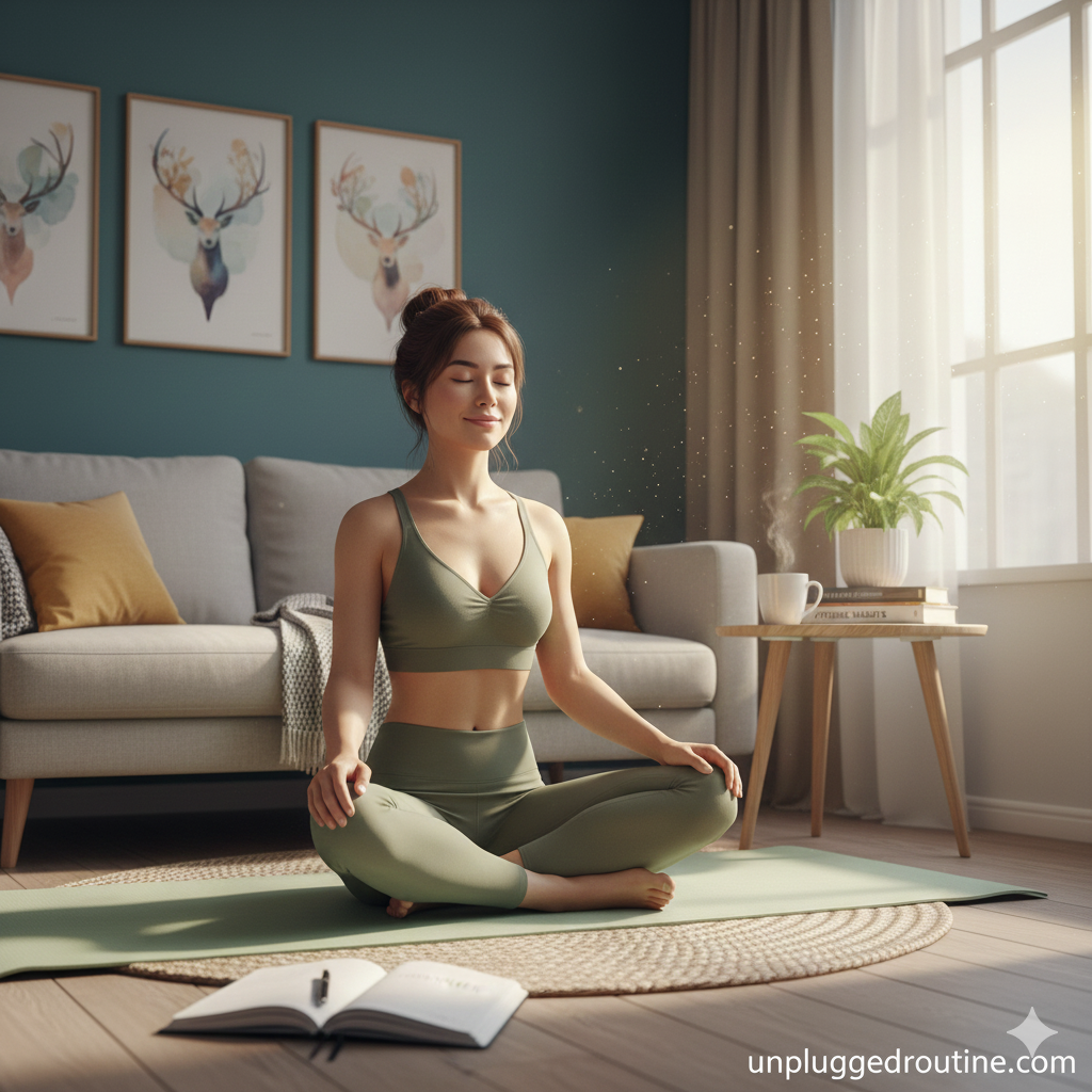 A person sitting calmly at a clean workspace with a laptop and a plant, practicing mindfulness to balance mental health & productivity.