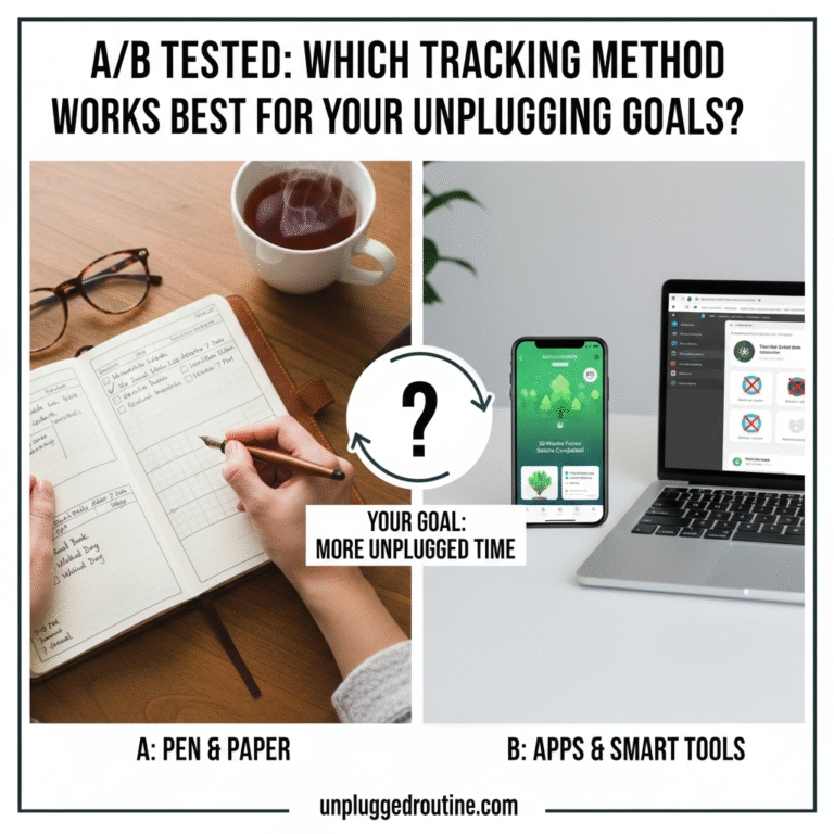 A split-screen comparison of two A/B tested tracking methods for unplugging: on the left, a minimalist smartphone displaying a colorful digital wellbeing graph, and on the right, a rustic wooden desk with a hand-drawn habit tracker in a paper journal, representing the choice between digital and analog tools at unpluggedroutine.com.