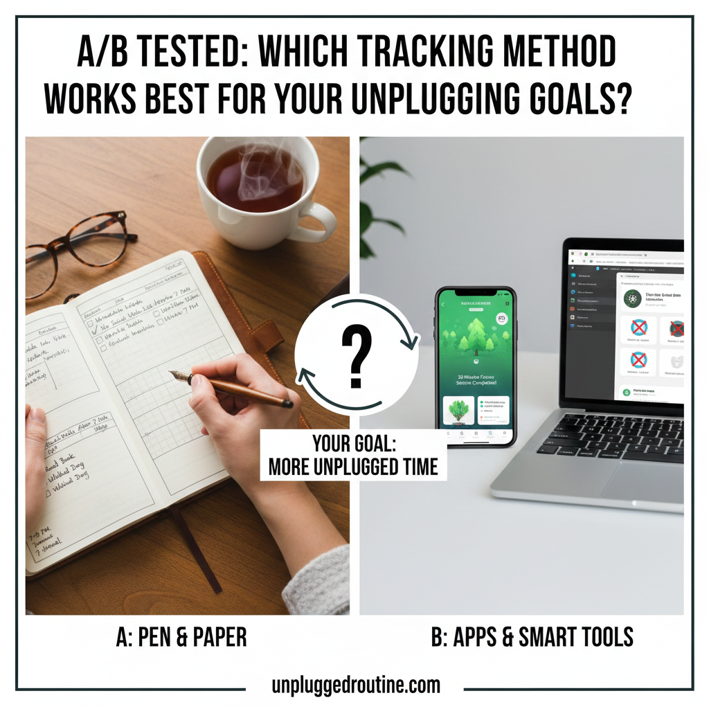 A split-screen comparison of two A/B tested tracking methods for unplugging: on the left, a minimalist smartphone displaying a colorful digital wellbeing graph, and on the right, a rustic wooden desk with a hand-drawn habit tracker in a paper journal, representing the choice between digital and analog tools at unpluggedroutine.com.