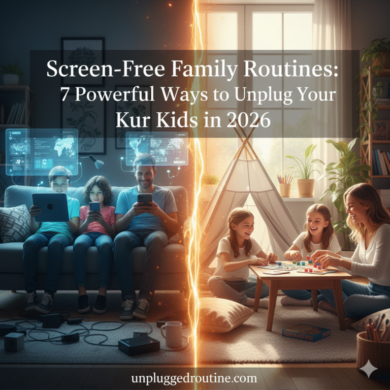 A heartwarming split-image for screen-free family routines showing the contrast between a child sitting alone staring at a tablet and a happy family laughing together while building a large Lego set on the floor, featuring the text "Screen-Free Family Routines: 7 Powerful Ways to Unplug Your Kids in 2026."