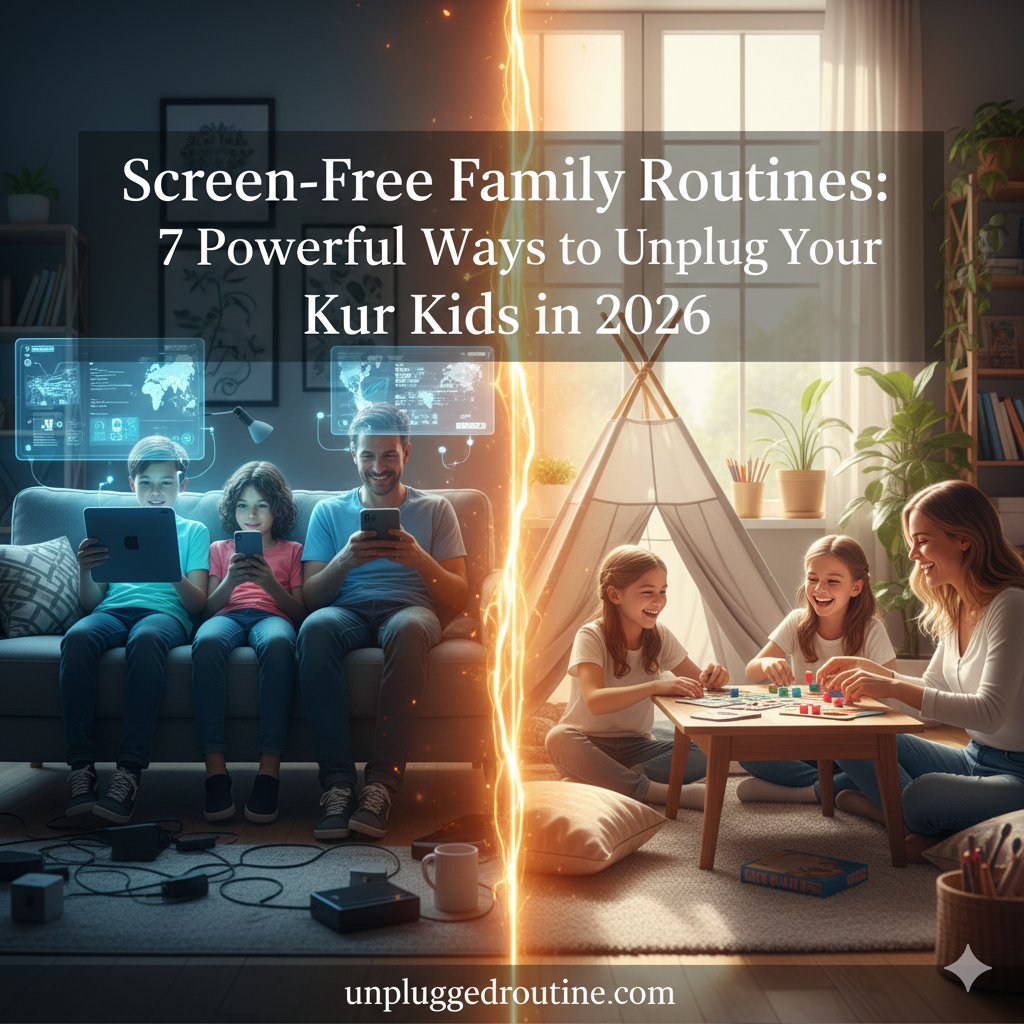 A heartwarming split-image for screen-free family routines showing the contrast between a child sitting alone staring at a tablet and a happy family laughing together while building a large Lego set on the floor, featuring the text "Screen-Free Family Routines: 7 Powerful Ways to Unplug Your Kids in 2026."
