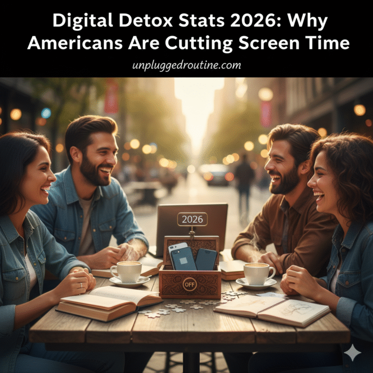 A professional infographic-style layout showing 2026 digital detox statistics with a person peacefully reading a book next to a smartphone locked in a timed box, highlighting why Americans are cutting screen time.