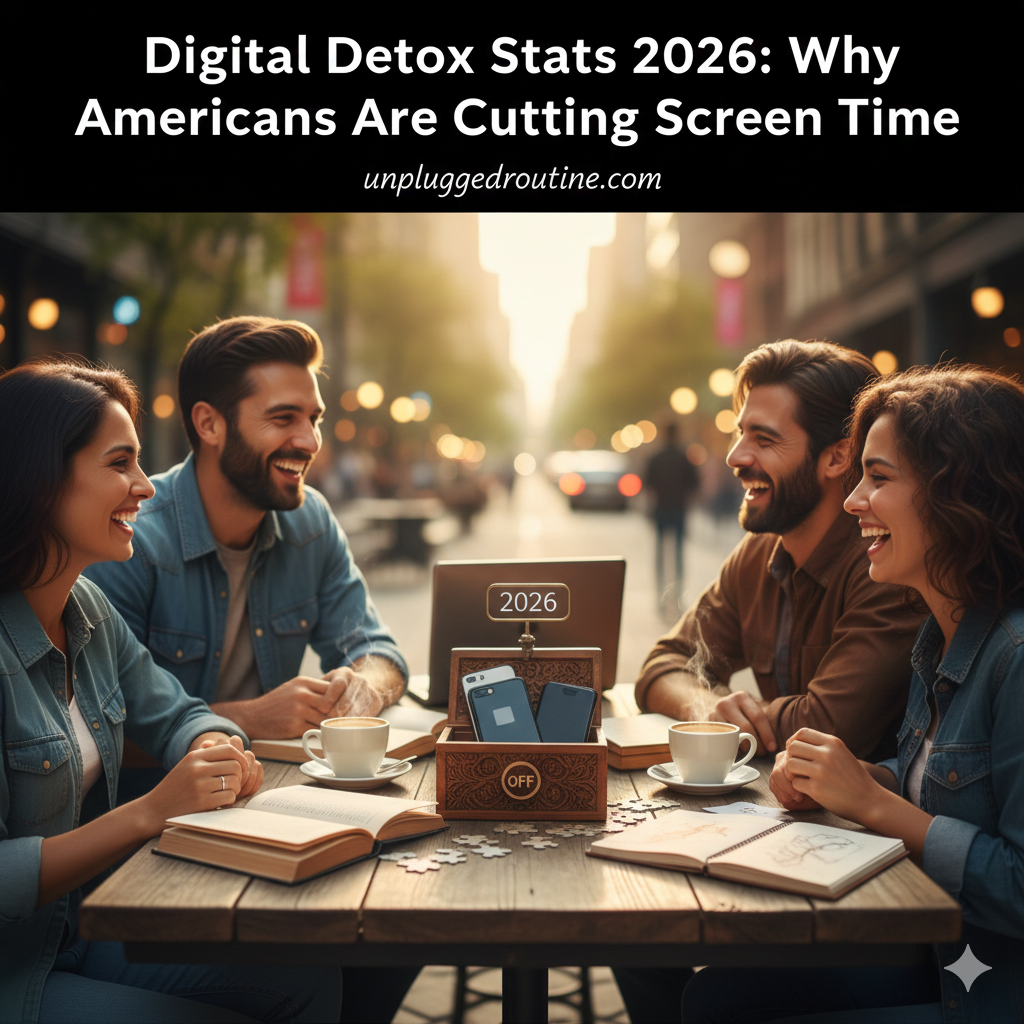 A professional infographic-style layout showing 2026 digital detox statistics with a person peacefully reading a book next to a smartphone locked in a timed box, highlighting why Americans are cutting screen time.