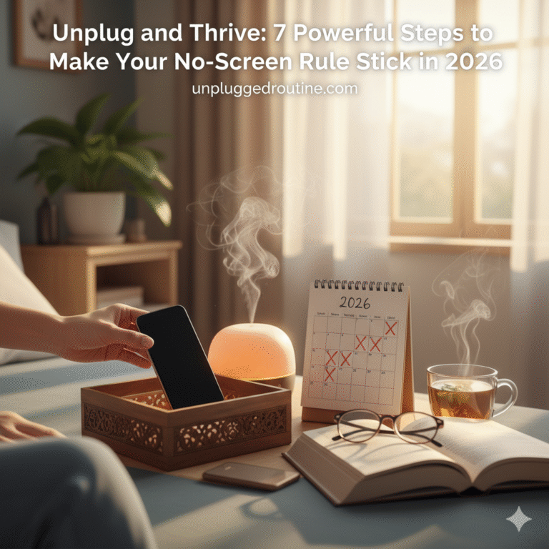 A cozy, screen-free bedroom sanctuary featuring a warm reading nook, bookshelf, an essential oil diffuser, and a framed sign that says "Unplug & Dream" to illustrate a successful no-screen rule routine.
