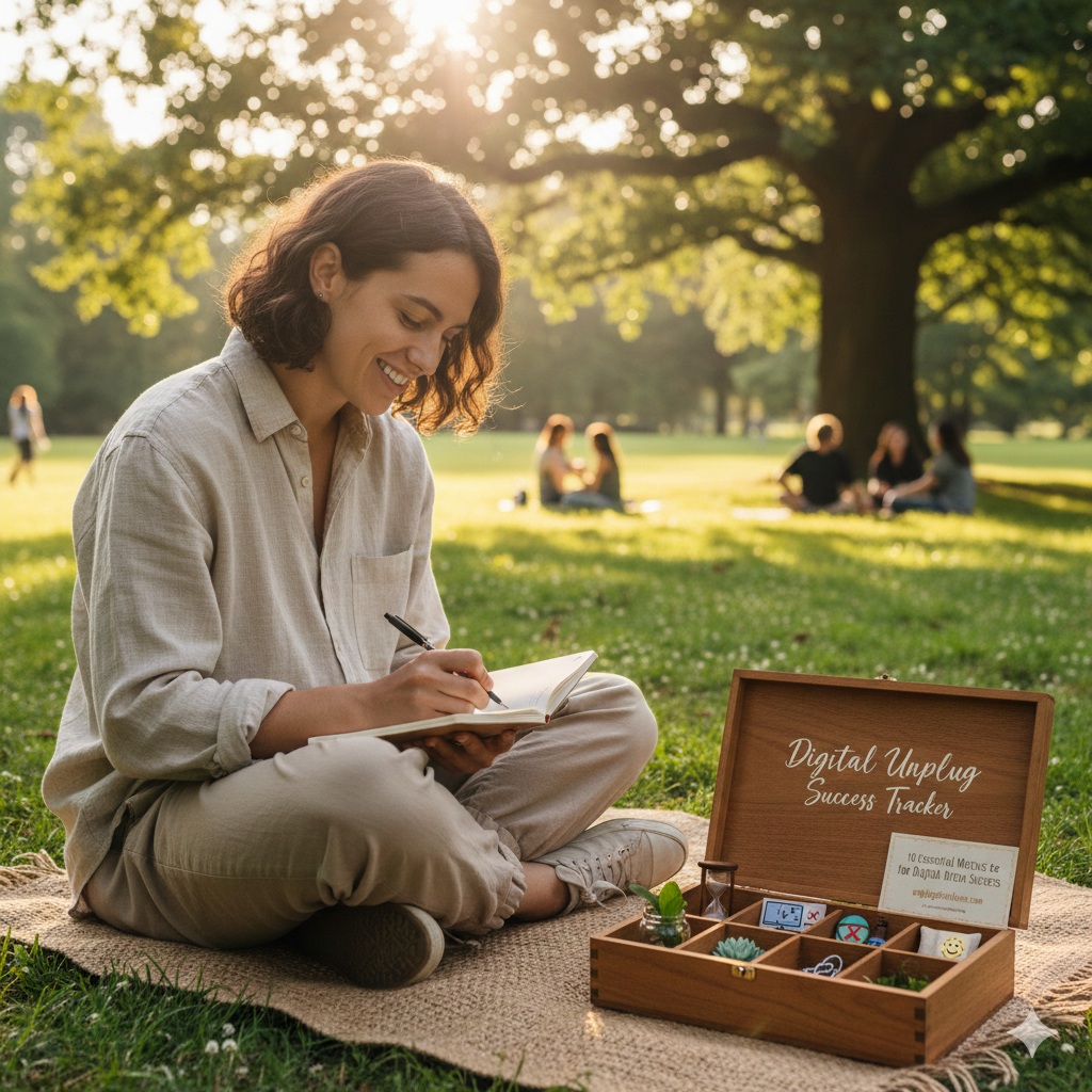 A person sitting in a sunlit park, mindfully journaling in a notebook next to a wooden "Digital Unplug Success Tracker" box, illustrating the top digital unplug success metrics in action.