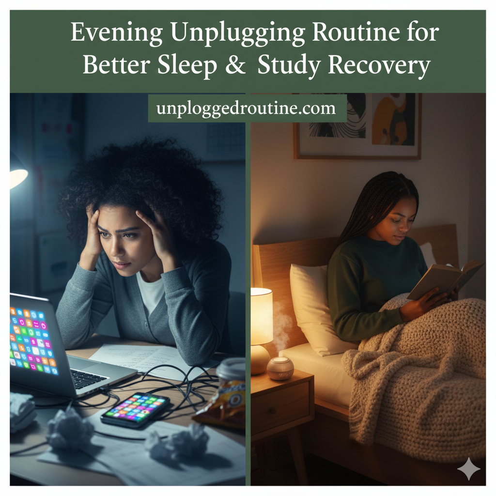 A serene evening scene of a student engaged in an "Evening Unplugging Routine" for better sleep. The image shows a person writing in a journal by the warm, dim light of a bedside lamp. On the nightstand, a smartphone is placed face-down and away from the bed, alongside a mug of herbal tea and a traditional alarm clock. Text overlay reads: "Evening Unplugging Routine for Better Sleep & Study Recovery: 5 Game-Changing Steps to Reset Your Brain" with the URL "unpluggedroutine.com."