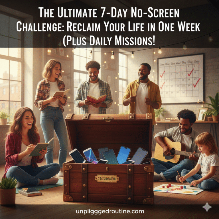 A cozy bedroom setup for a 7-day no-screen challenge, featuring a comfortable armchair with a knit blanket, a bookshelf, and a sign reading "Unplug & Dream" under warm morning light.