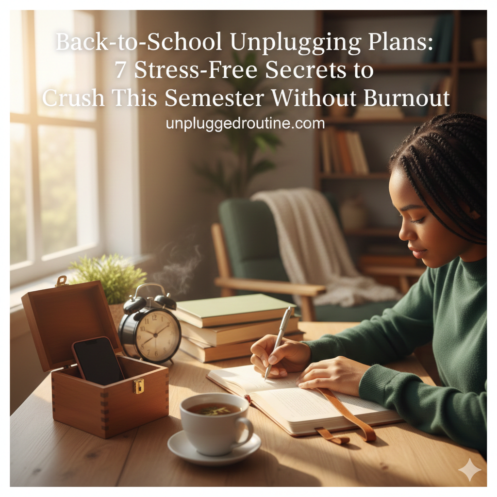 A female student sitting at a wooden desk in a cozy, sunlit room, writing in a physical journal. Her smartphone is tucked away inside a small wooden box to represent a digital detox. The image includes the text "Back-to-School Unplugging Plans: 7 Stress-Free Secrets to Crush This Semester Without Burnout" and the website "unpluggedroutine.com."