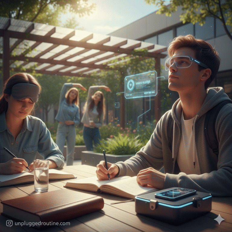 "A futuristic and minimalist lifestyle image for 2026 digital detox trends, showing a student’s desk where a high-tech smartphone is placed face-down next to a classic paper notebook, a steaming cup of tea, and a small green plant, symbolizing the balance between technology and analog focus."