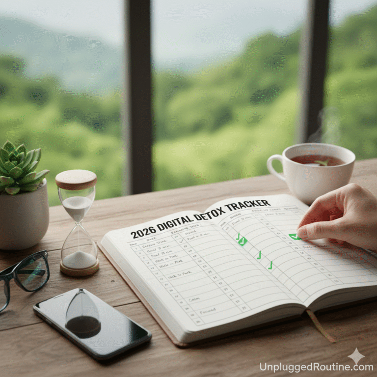 "A comprehensive weekly screen time audit infographic for a 2026 digital detox, featuring a bar chart of daily usage, a pie chart of app categories like social media and entertainment, and a notification tracker with the UnpluggedRoutine.com branding."