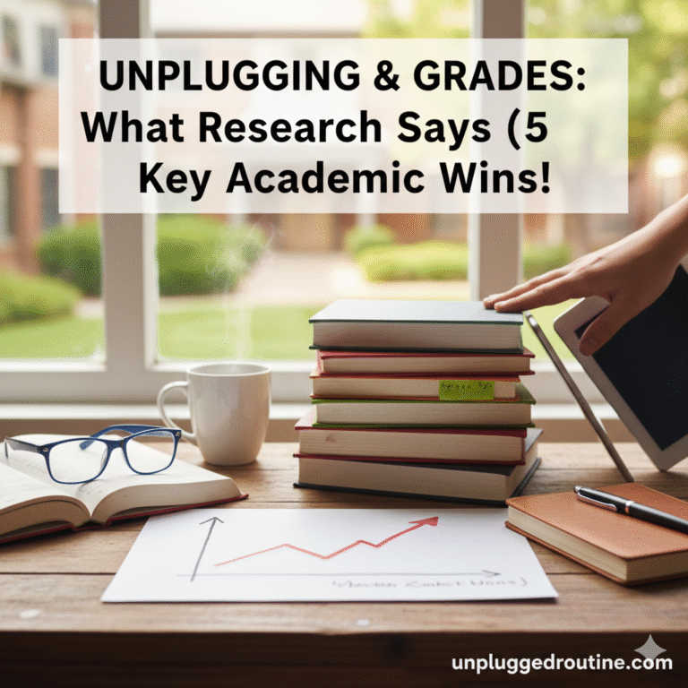 A student's hand pushing a smartphone away to focus on a stack of textbooks and a notebook on a wooden desk, featuring the title "Can Unplugging Improve Grades? (What Research Says)" and the unpluggedroutine.com logo in a bright, academic setting.