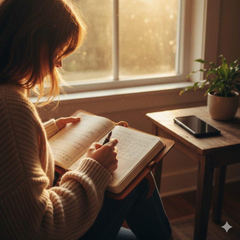 A person prioritizing Mental Health & Tracking by journaling their daily progress while keeping their smartphone out of reach.