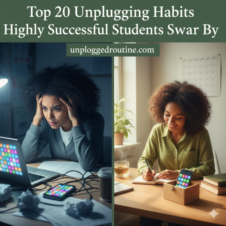 A productive student practicing unplugging habits by writing in a paper planner at a sunlit desk. On the desk sits a steaming cup of tea, a stack of books, and a smartphone locked away in a wooden box. The image features the headline "Top 20 Unplugging Habits Highly Successful Students Swear By" with the website "unpluggedroutine.com."