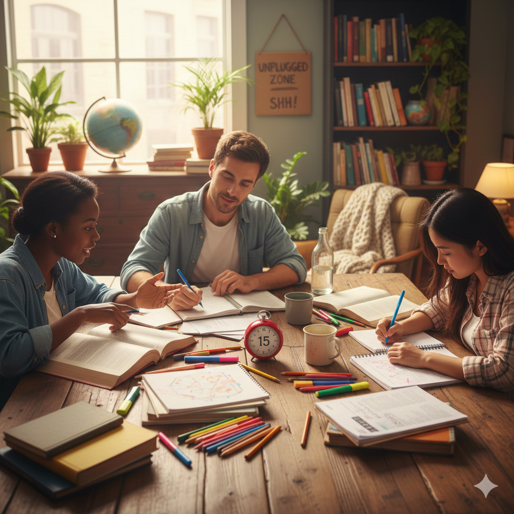 "A productive device-free study session featuring a diverse group of students focused on paper notebooks and textbooks with a manual timer on a wooden table."