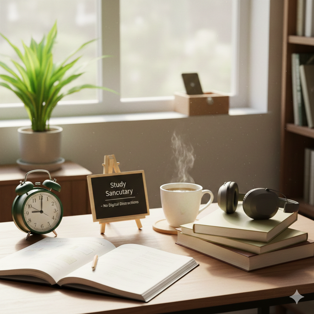 A peaceful student workspace illustrating the process of unplugging before exams featuring an open textbook, an analog alarm clock, and a sign that says "Study Sanctuary - No Digital Distractions."